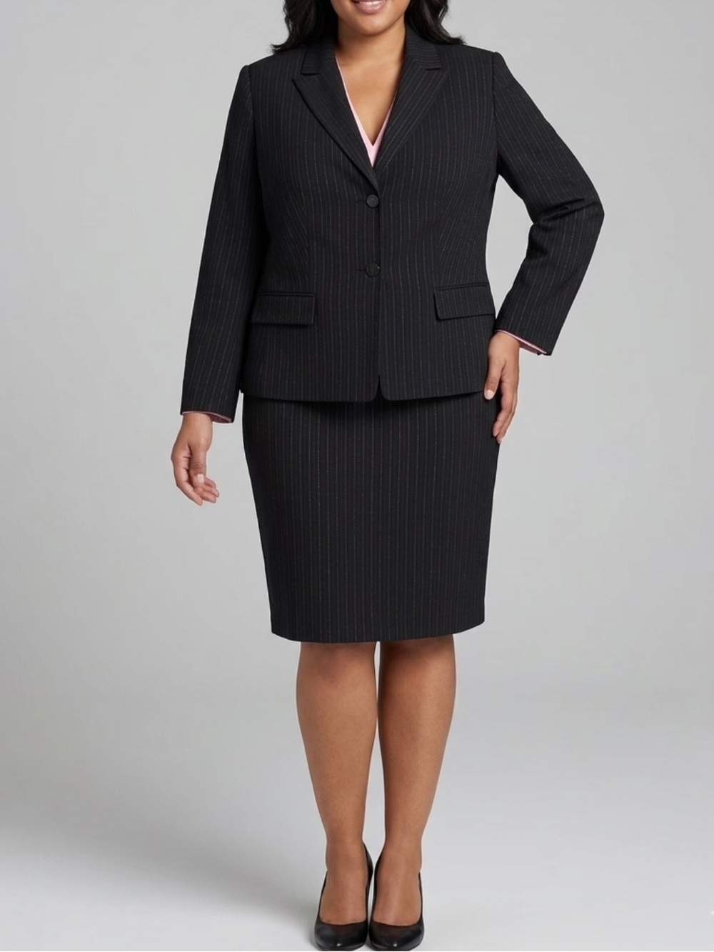 Tahari ASL Classic Black Pinstripe Blazer and Skirt Set with Pink Lining 20W